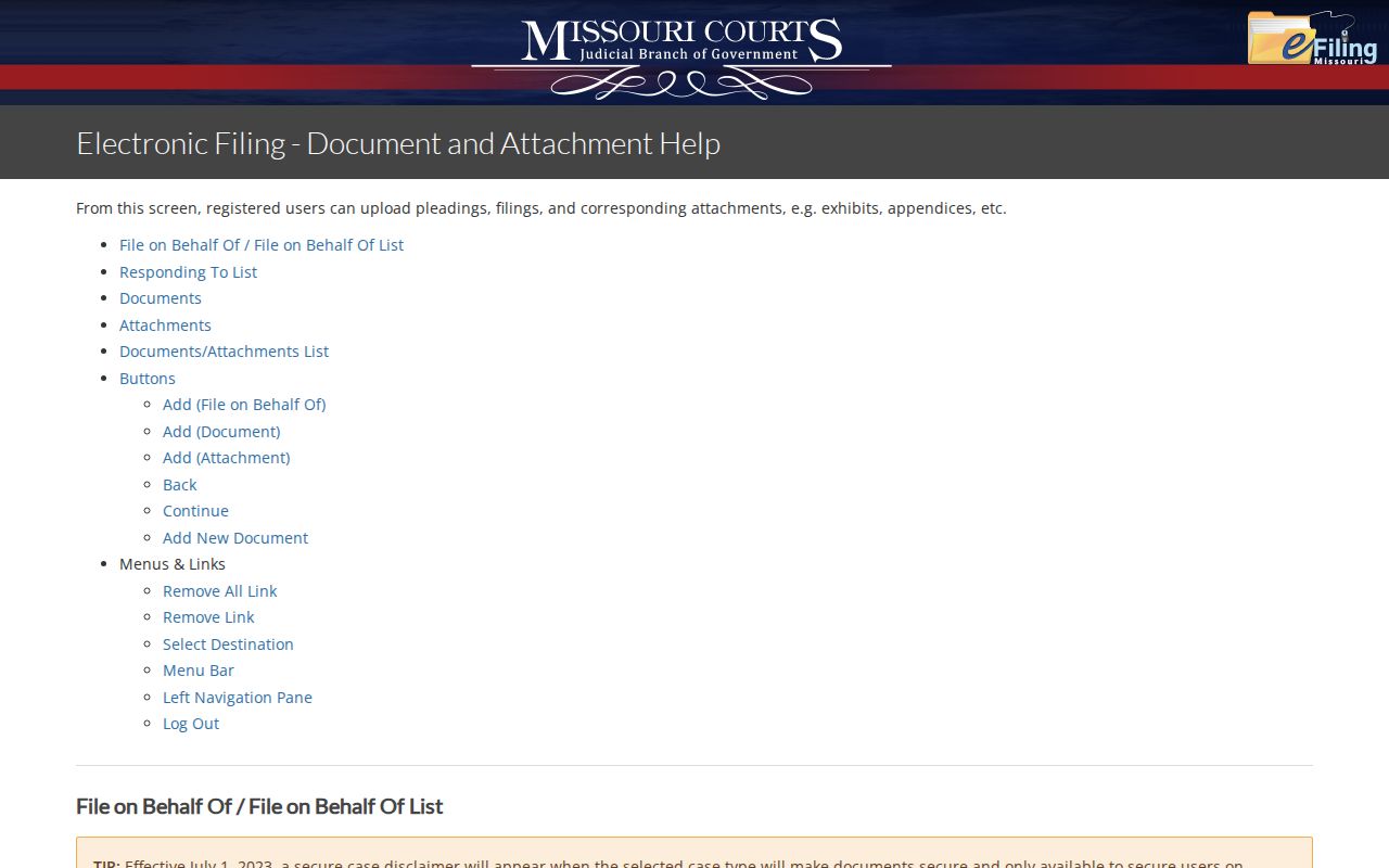 Nodaway County case lookup reference showing Missouri eFiling upload guidance