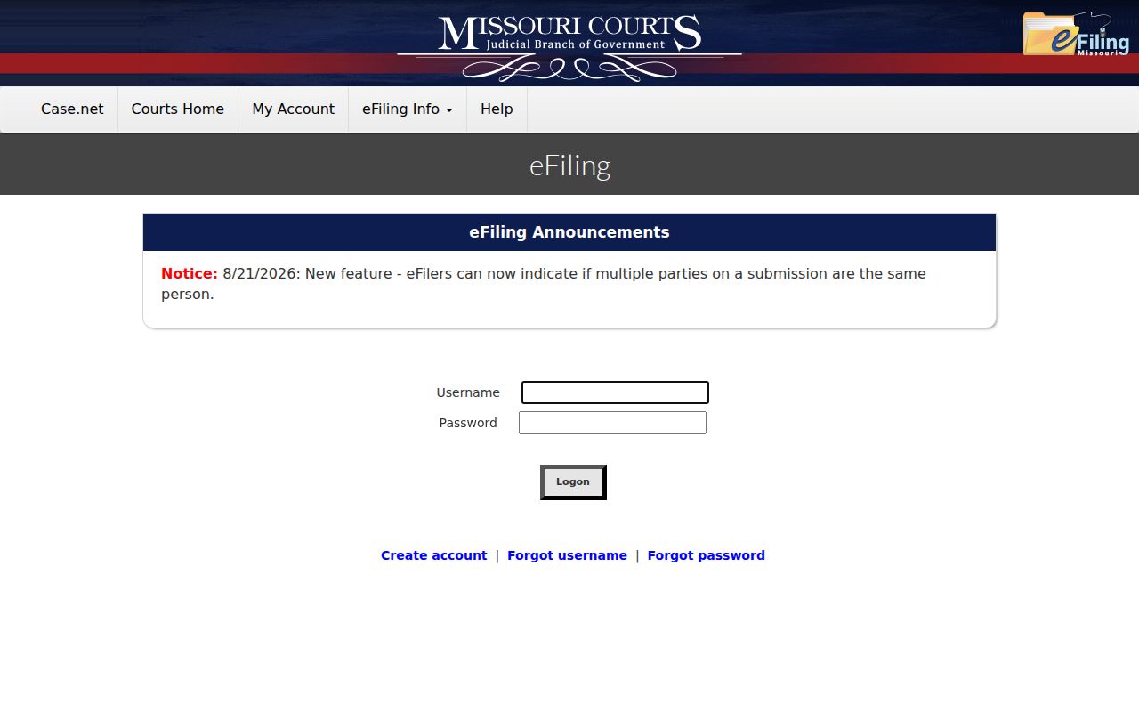 Nodaway County case lookup reference for the separate Missouri eFiling login