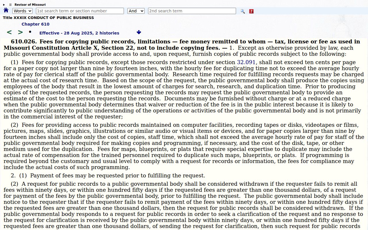 Nodaway County civil docket Missouri copy fee statute