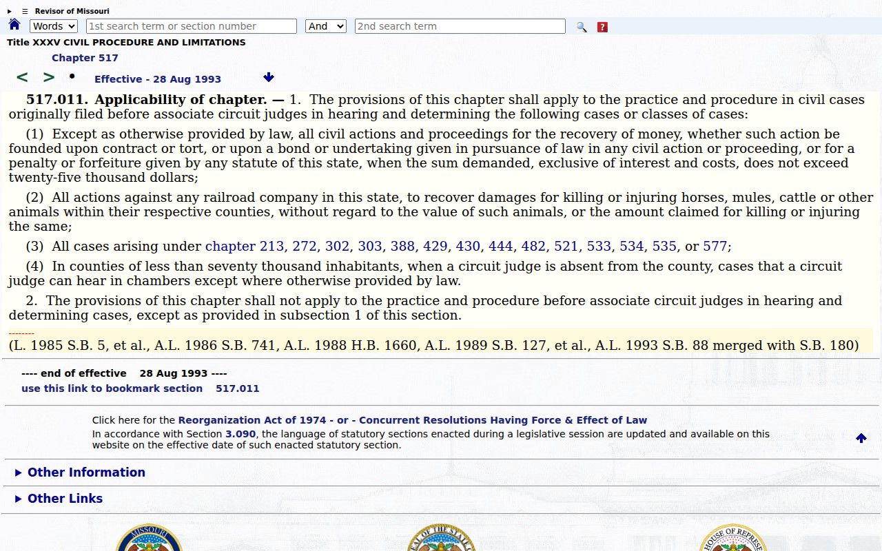Nodaway County civil docket associate civil jurisdiction statute