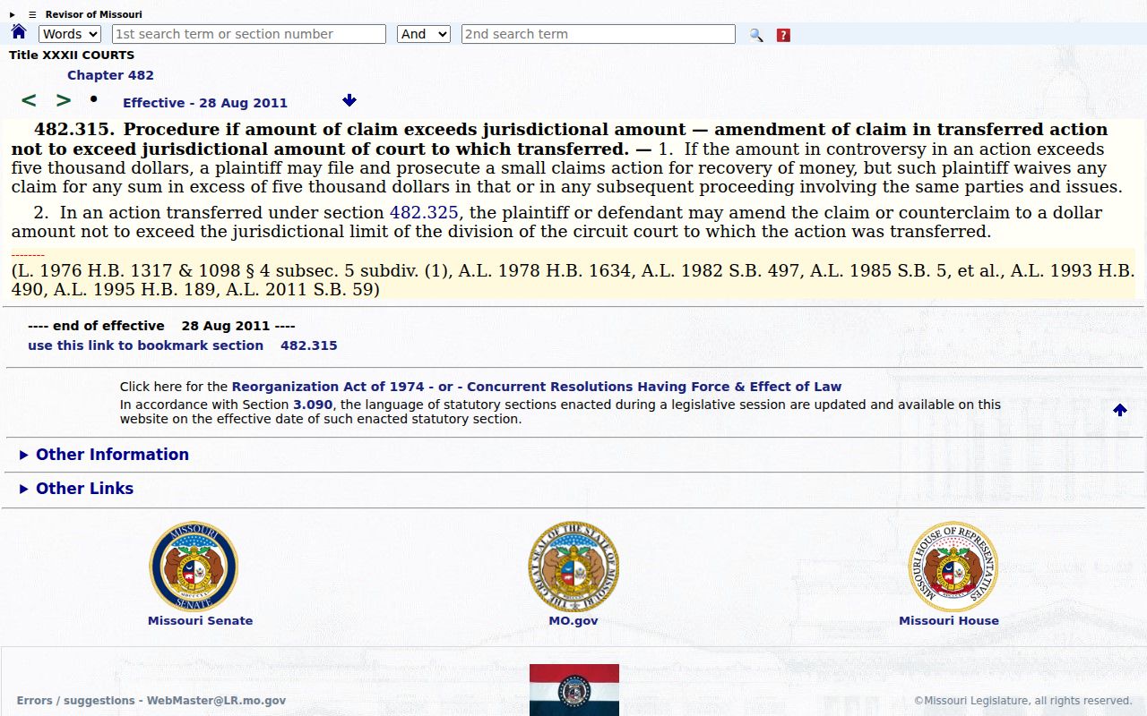 Missouri section 482.315 small-claims filing rule relevant to Nodaway County civil cases