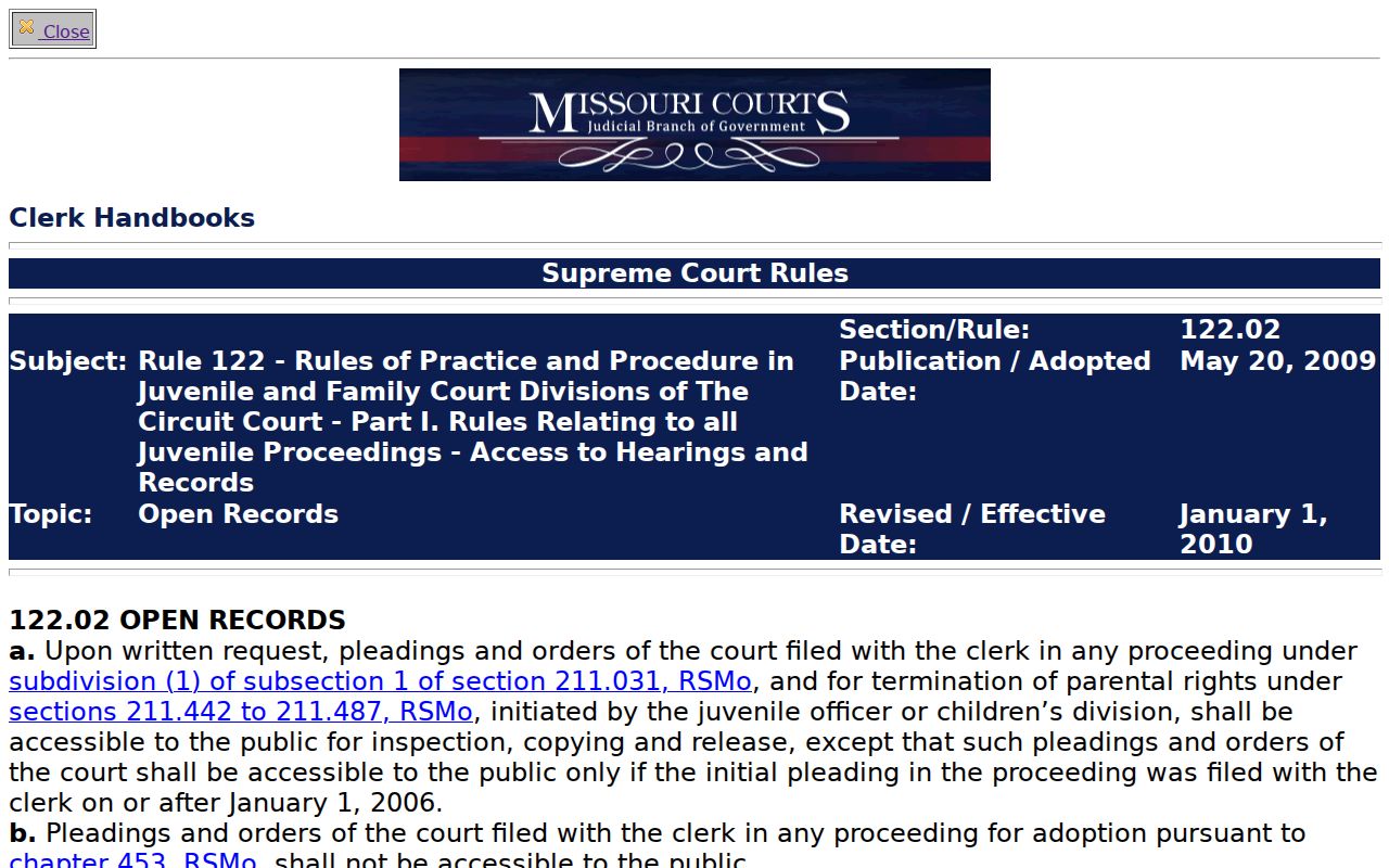 Missouri Juvenile Rule 122.02 page addressing access and confidentiality