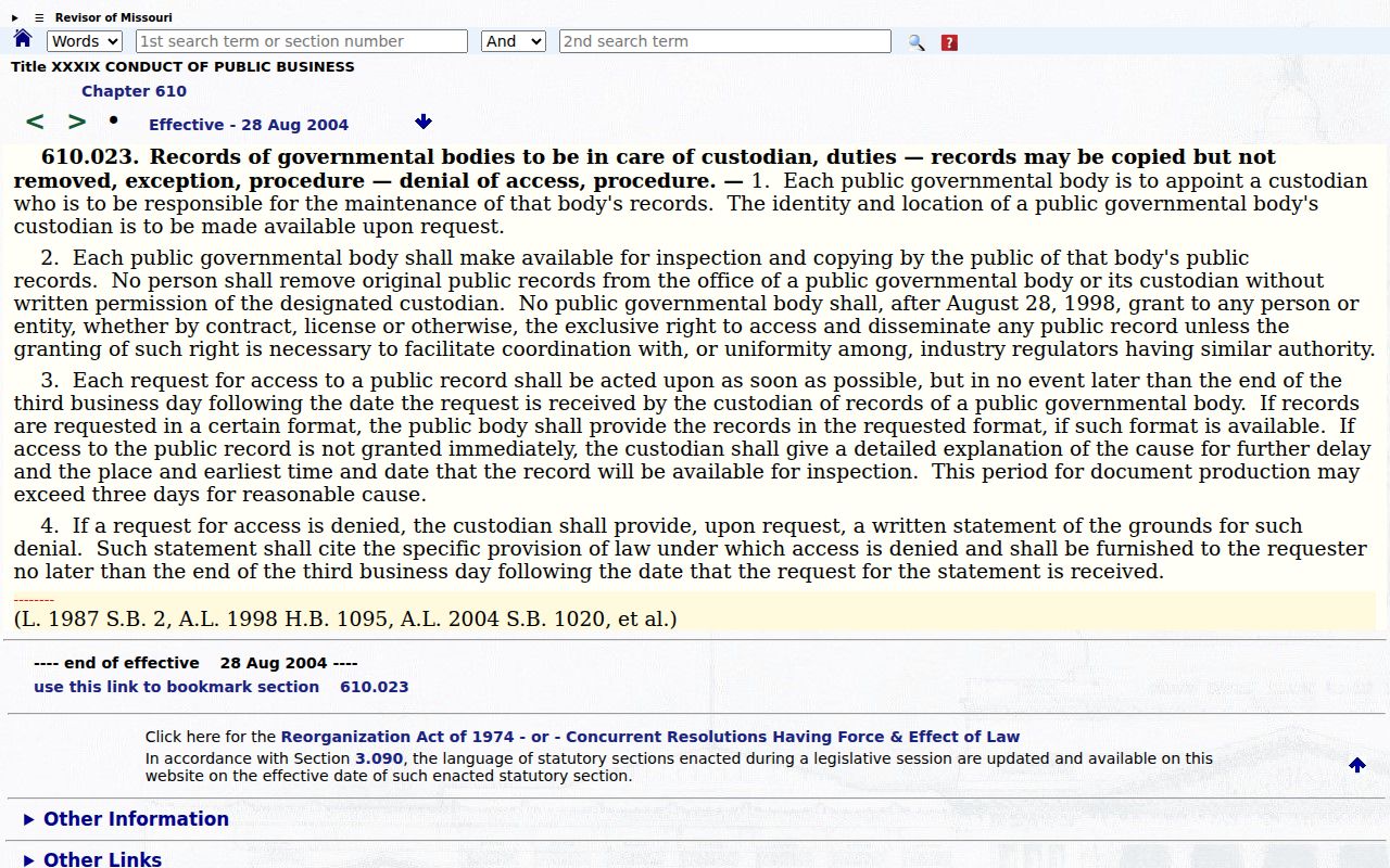 Missouri public-record statute page for section 610.023