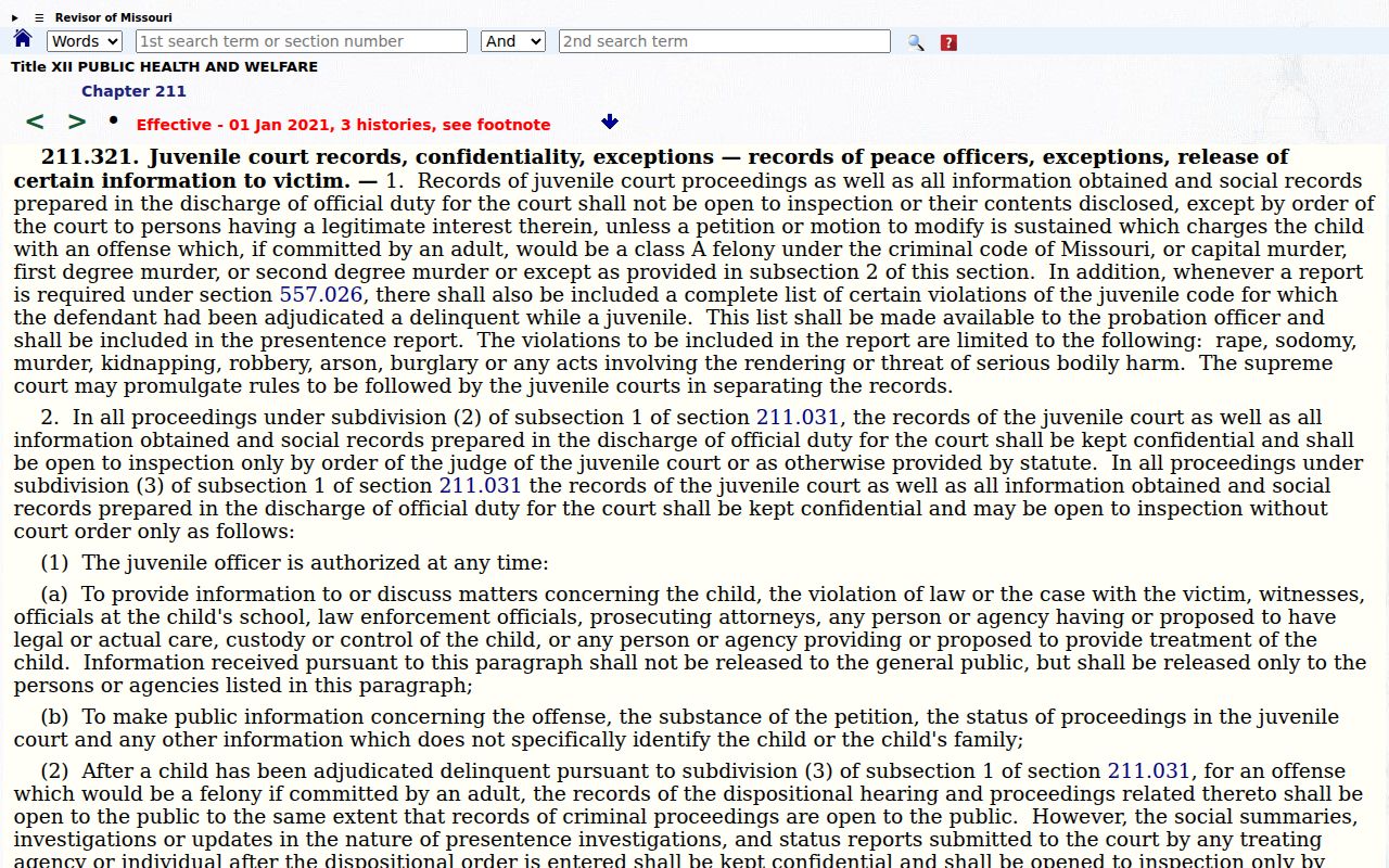 Missouri section 211.321 page on juvenile proceedings and social-record confidentiality