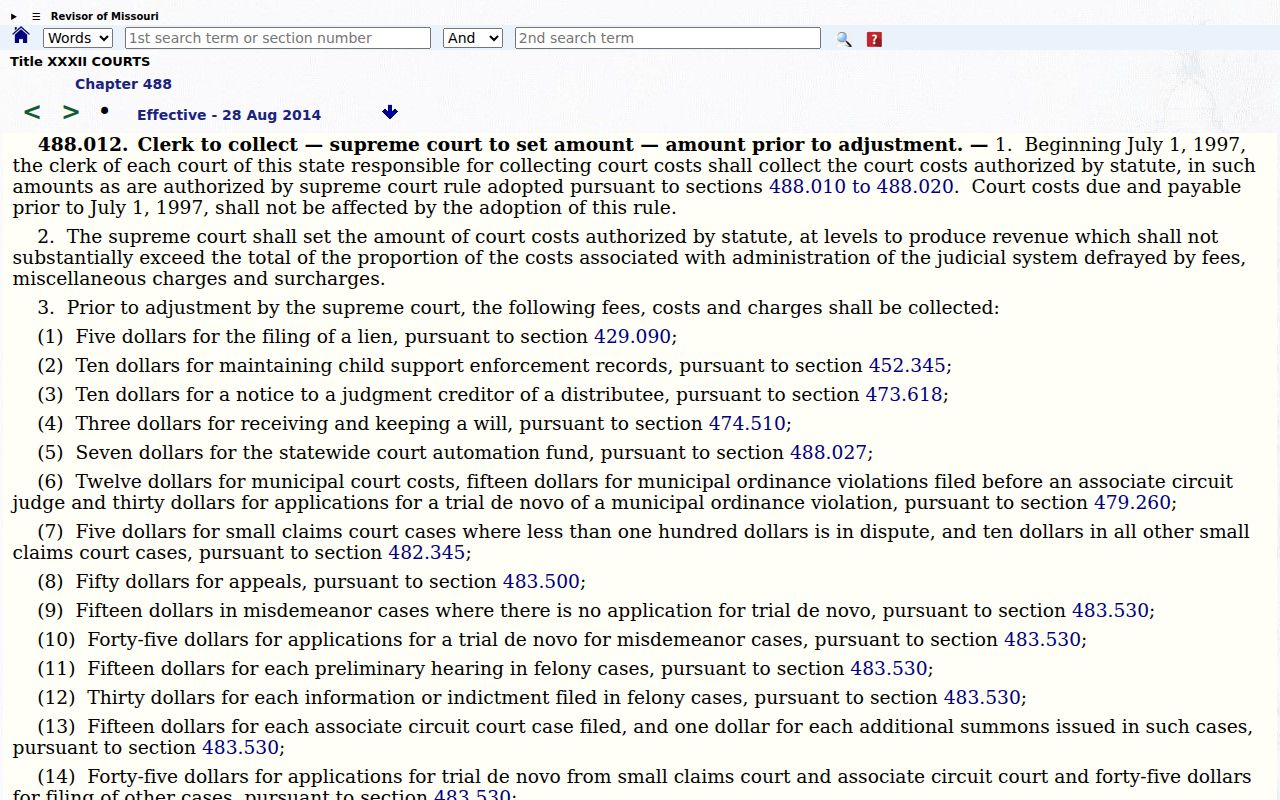 Nodaway County traffic court record statutory cost reference